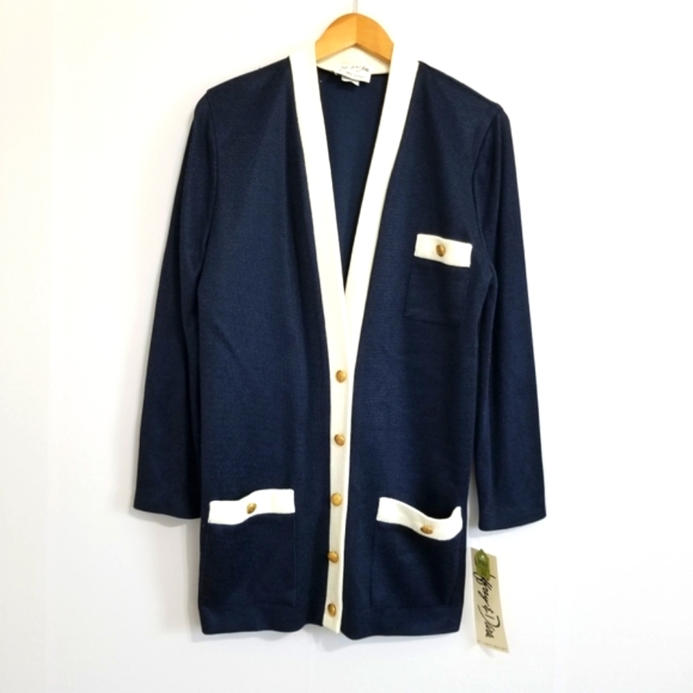 NWT Vintage Jeffrey Dara Linda Hutley Navy White Knit Jacket Size 10